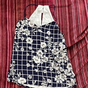 Floral Halter Neck Top - Navy and White
